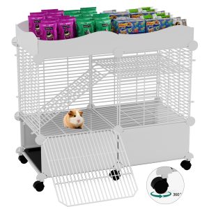 Small Guinea Pig Cages Indoor, 2 Tier C&C Cat Cage Rabbit House on Wheels with Removable Tray